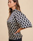 Annie Wear Tie Back Abstract Print Mock Neck Half Sleeve Blouse