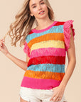 BiBi Pointelle Striped Ruffled Knit Top