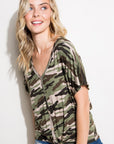 e Luna Camo V-Neck Button Down Top