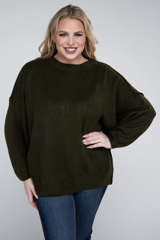 Zenana Plus Oversized Round Neck Raw Seam Melange Sweater