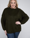 Zenana Plus Oversized Round Neck Raw Seam Melange Sweater