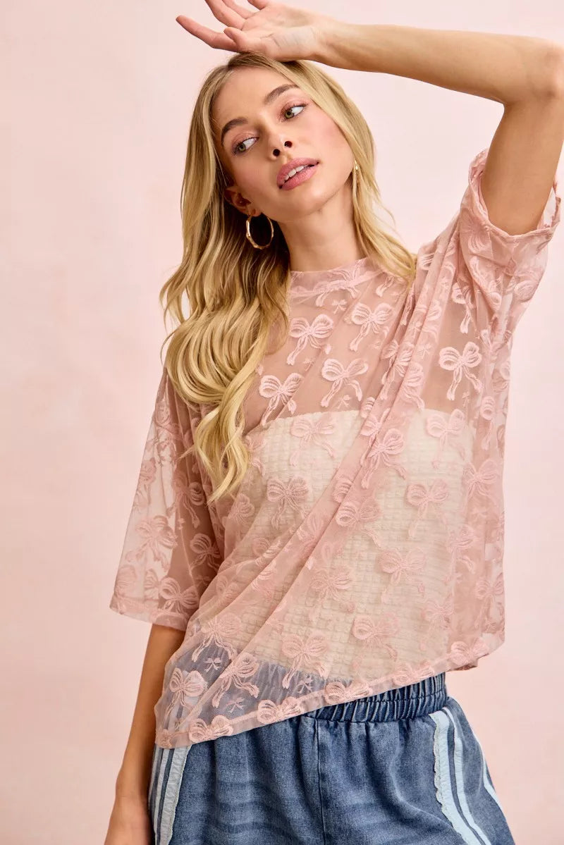 BiBi Bow Pattern Short Sleeves Boxy Mesh Top