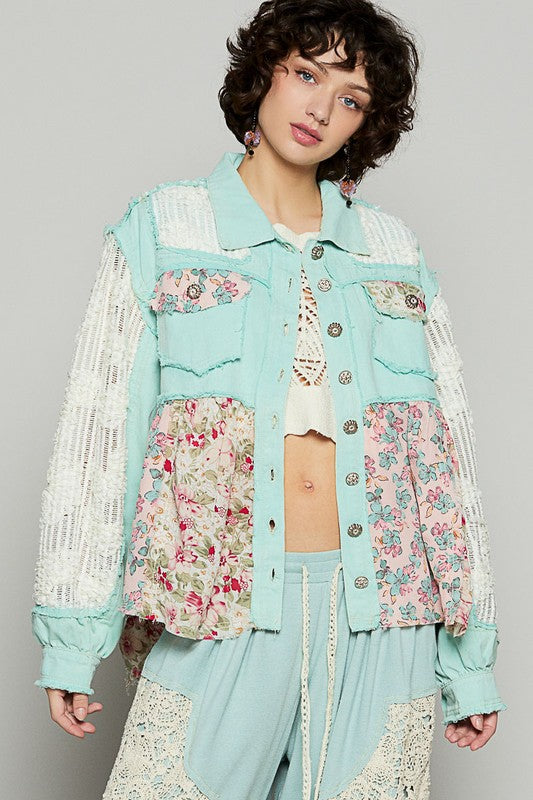 POL Floral Crochet Lace Frayed Edge Button Up Shacket