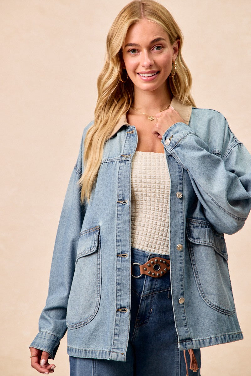 BiBi Washed Denim Contrast Collar Jacket