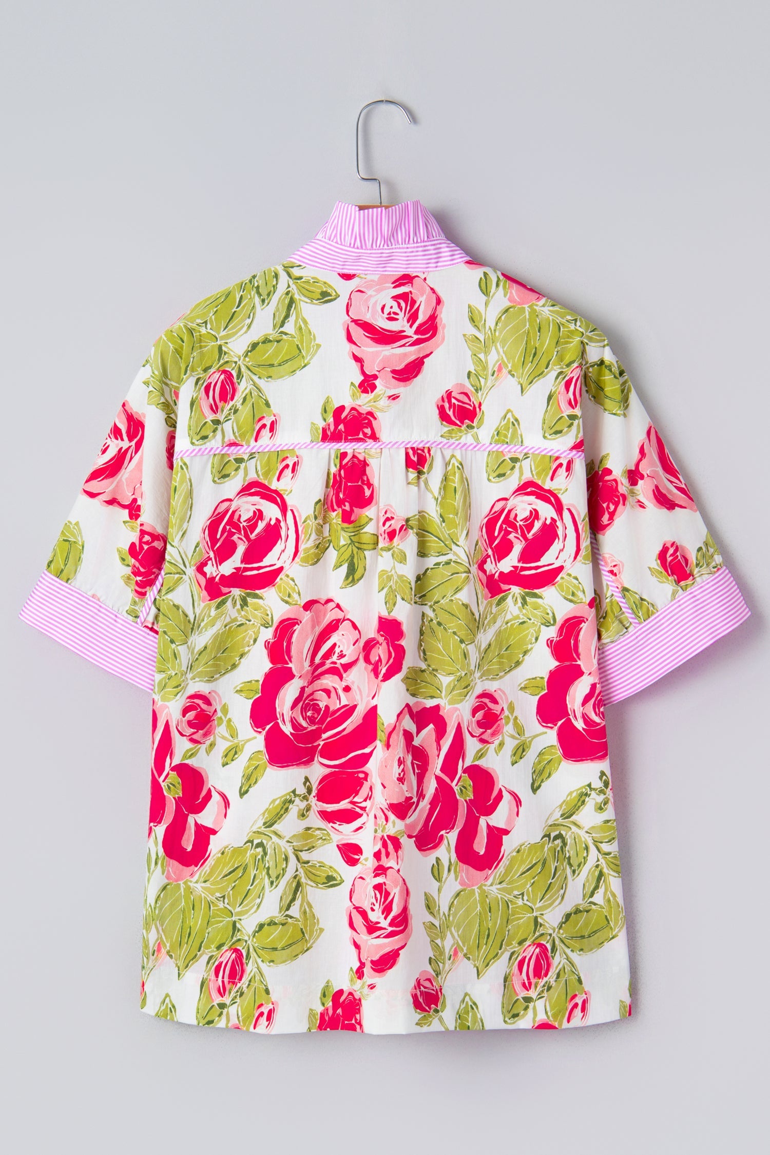 Floral Stripe Trim Frilled Collar Short Sleeve Shirt