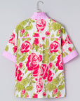 Floral Stripe Trim Frilled Collar Short Sleeve Shirt