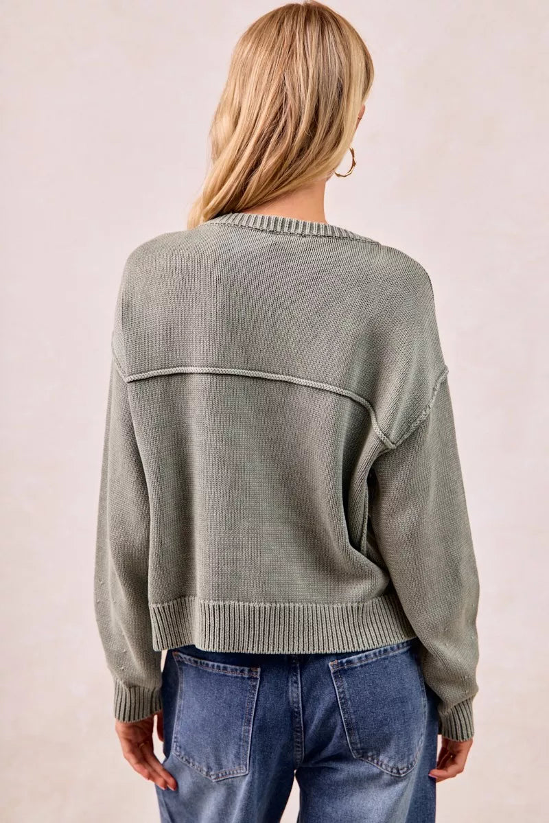 BiBi Washed Sweater V Neck Cardigan in Olive