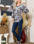 Celeste Full Size Camouflage V-Neck Balloon Sleeve Top