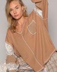 POL V-Neck Lace Balloon Sleeve Exposed Seam Top