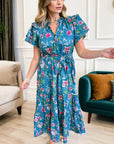 Floral Flutter Sleeve Tie Neck Belted Midi Dress