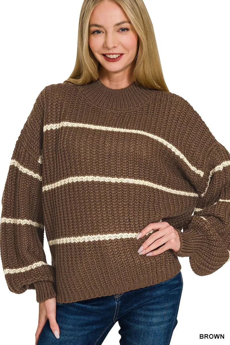 Zenana Oversize Striped Sweater in Brown