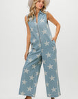 BiBi Star Print Half Zip Sleeveless Denim Jumpsuit