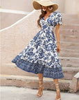 Women Short Sleeve V Neck Floral Maxi Dress