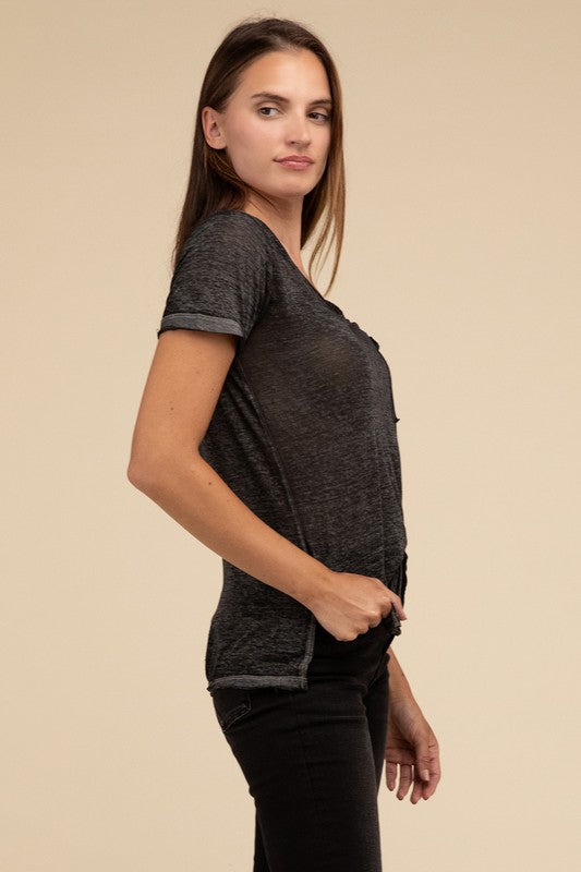 ZENANA Washed Melange Burnout Scoop V-Neck Top