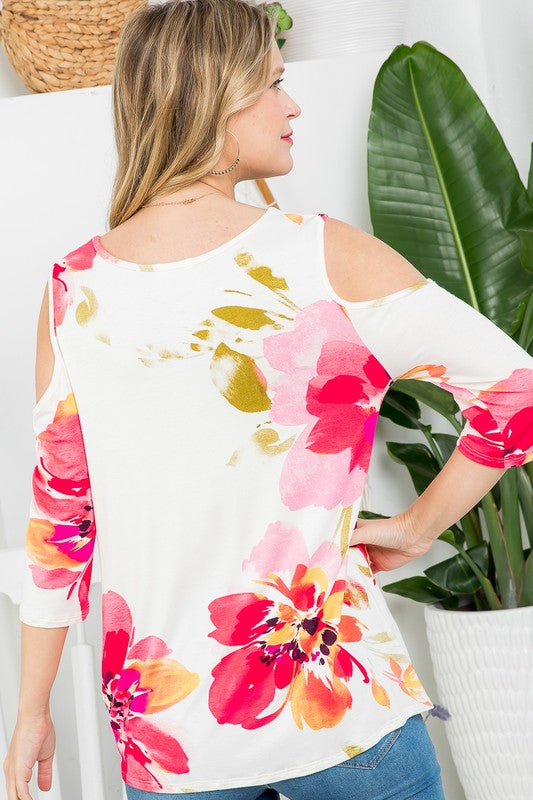 e Luna PLUS Floral Print Cold Shoulder Top