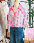 Floral Collared V-Neck Ruffle 3/4 Sleeve Shirt