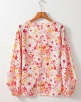 Women Pink Floral Bubble Sleeve V Neck Blouse