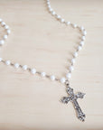 Pearl Long Beaded Necklace with Antique Silver Cross