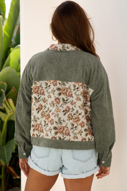 Floral Patchwork Ribbed Corduroy Shirt Jacket
