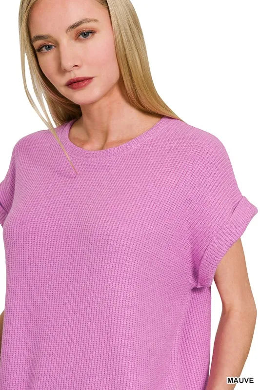 Zenana Rolled Sleeve Top and Pants Sweater Set in Mauve