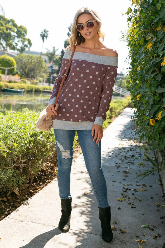 e Luna Polka Dot Off Shoulder Top