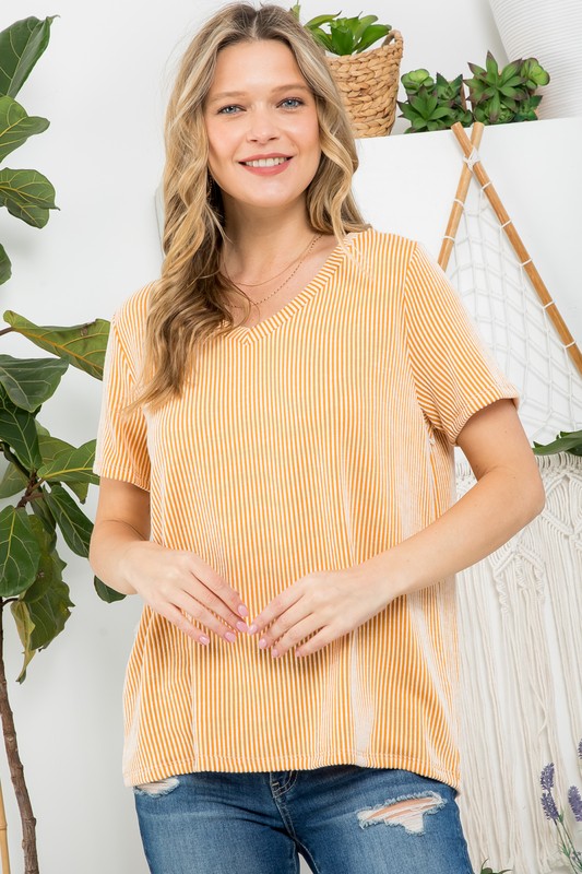 e Luna Two Tone Slub Rib Striped Top