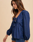 Annie Wear Tie Front Peplum Long Sleeve Denim Top