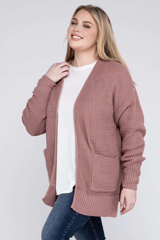 ZENANA Plus Low Gauge Waffle Open Cardigan Sweater