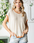 First Love Full Size Contrast Wavy Crochet Drop Shoulder Knit Top