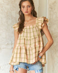 ADORA Ruffled Square Neck Cap Sleeve Babydoll Blouse