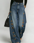 Women's Metal Eyelet High Waist Loose Wide-Leg Jeans – Light Blue, Black, Dark Blue