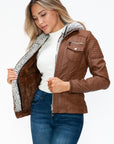 YMI Removable Faux Layered Multi-Pocket Jacket with Fuzzy Hood