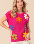 BiBi Flower Round Neck Cap Sleeve Knit Top