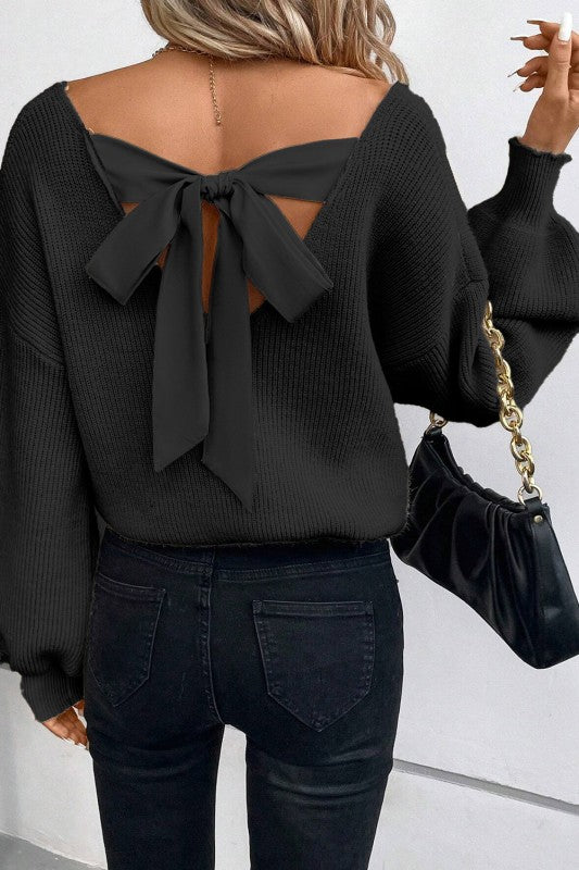 Bow Back Lantern Sleeve V-Neck Sweater