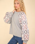 VERY J Printed Long Sleeve Round Neck Knit Top