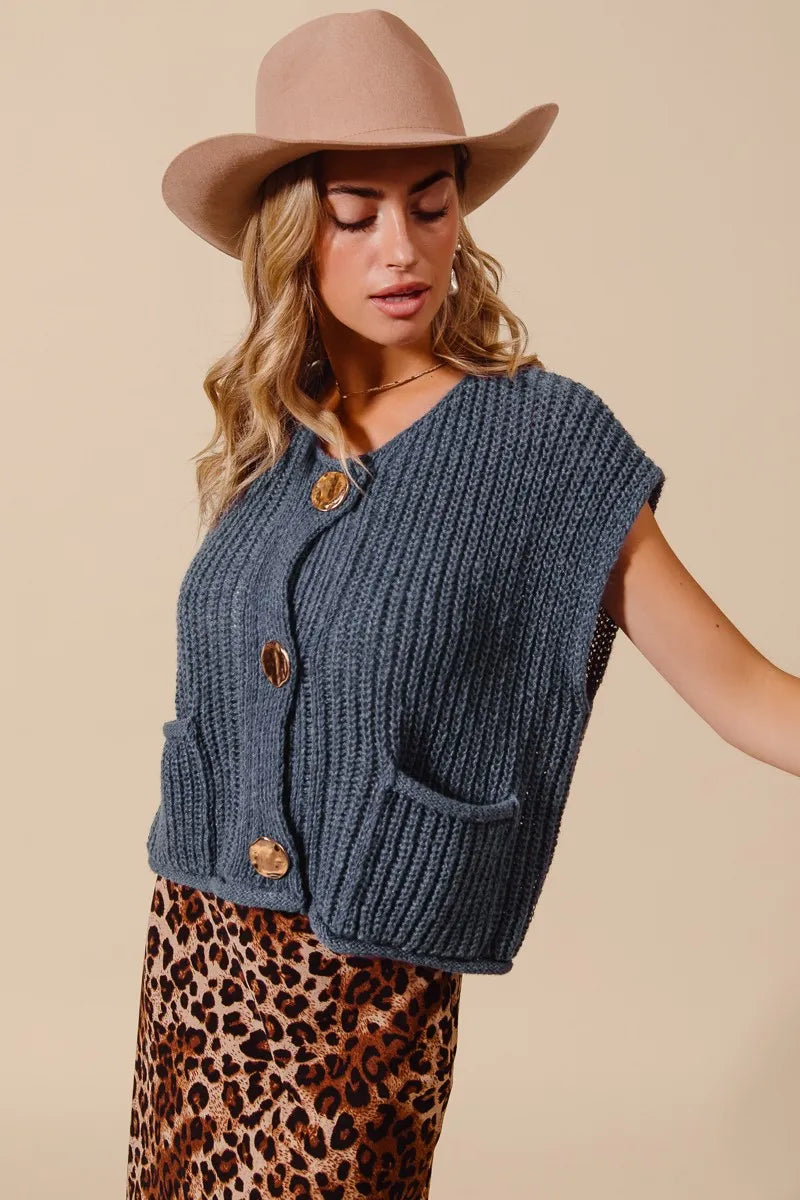 SO ME Big Metal Button Front Sweater Vest