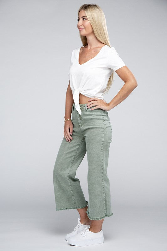 Zenana Acid Washed High Waist Frayed Hem Straight Pants