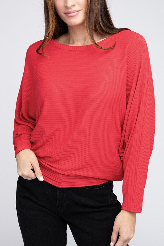 Zenana Ribbed Batwing Long Sleeve Boat Neck Sweater