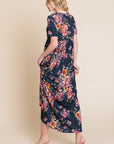 BOMBOM Floral Short Sleeve Maxi Dress