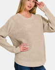 Zenana High Low Long Sleeve Waffle Sweater