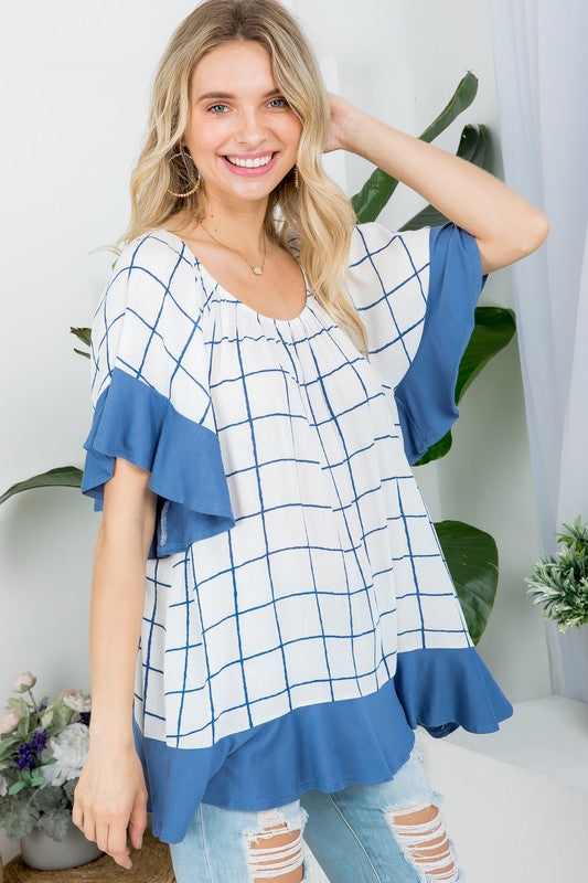 e Luna PLUS Plaid Mix Ruffle Peasant Top