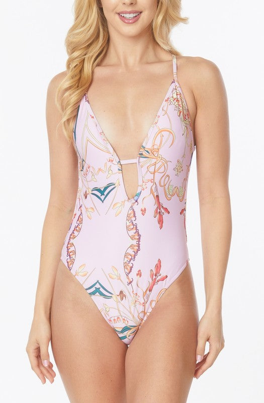 One Piece Bathing Suit - Floral Print with Deep V Front