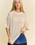 Davi & Dani Side Slit Openwork Round Neck Half Sleeve Knit Cover Up