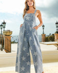 BiBi Star Pattern Wide Leg Washed Denim Overalls