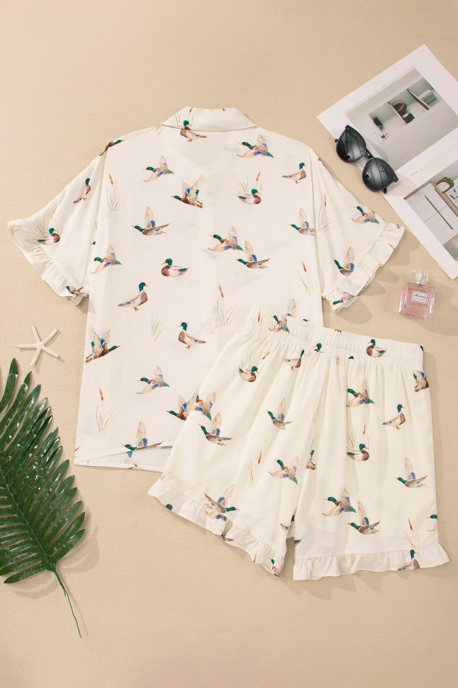Mallard Ruffle Buttoned Shirt & Shorts Pajama Set