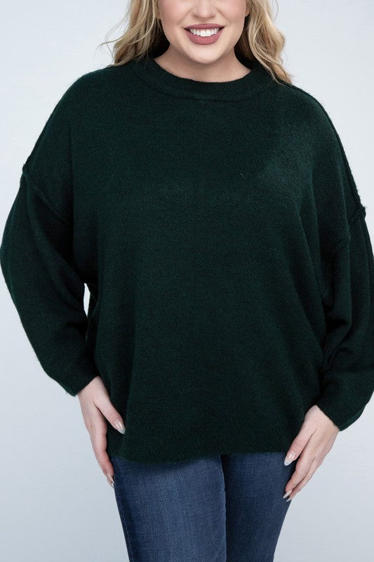 Zenana Plus Oversized Round Neck Raw Seam Melange Sweater