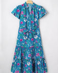 Floral Flutter Sleeve Tie Neck Belted Midi Dress