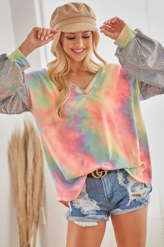 BiBi V Neck Tie Dye French Terry Top with Shiny