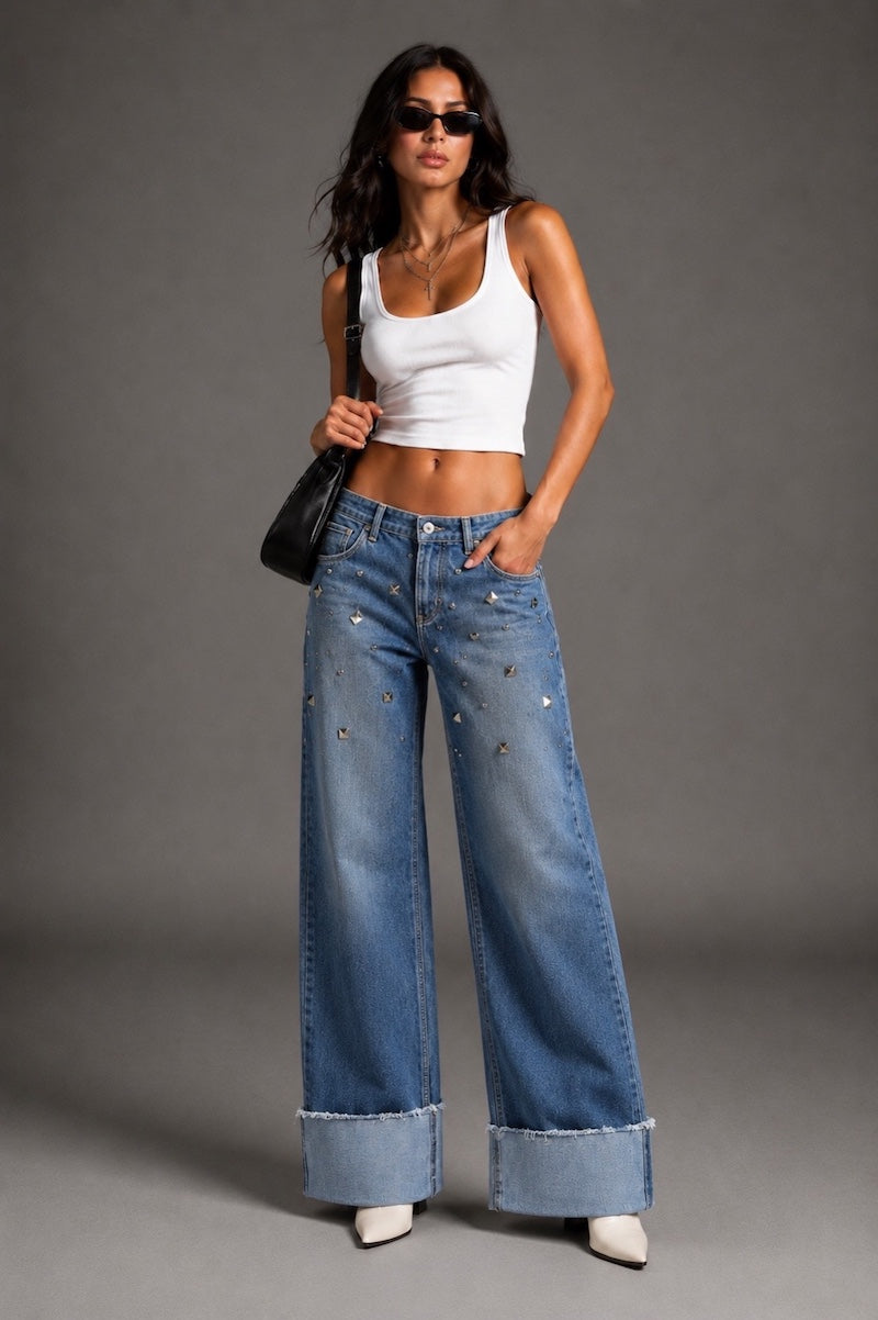 GJG Denim Silver Static Studded Wide-Leg Jeans — Medium Wash
