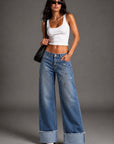 GJG Denim Silver Static Studded Wide-Leg Jeans — Medium Wash